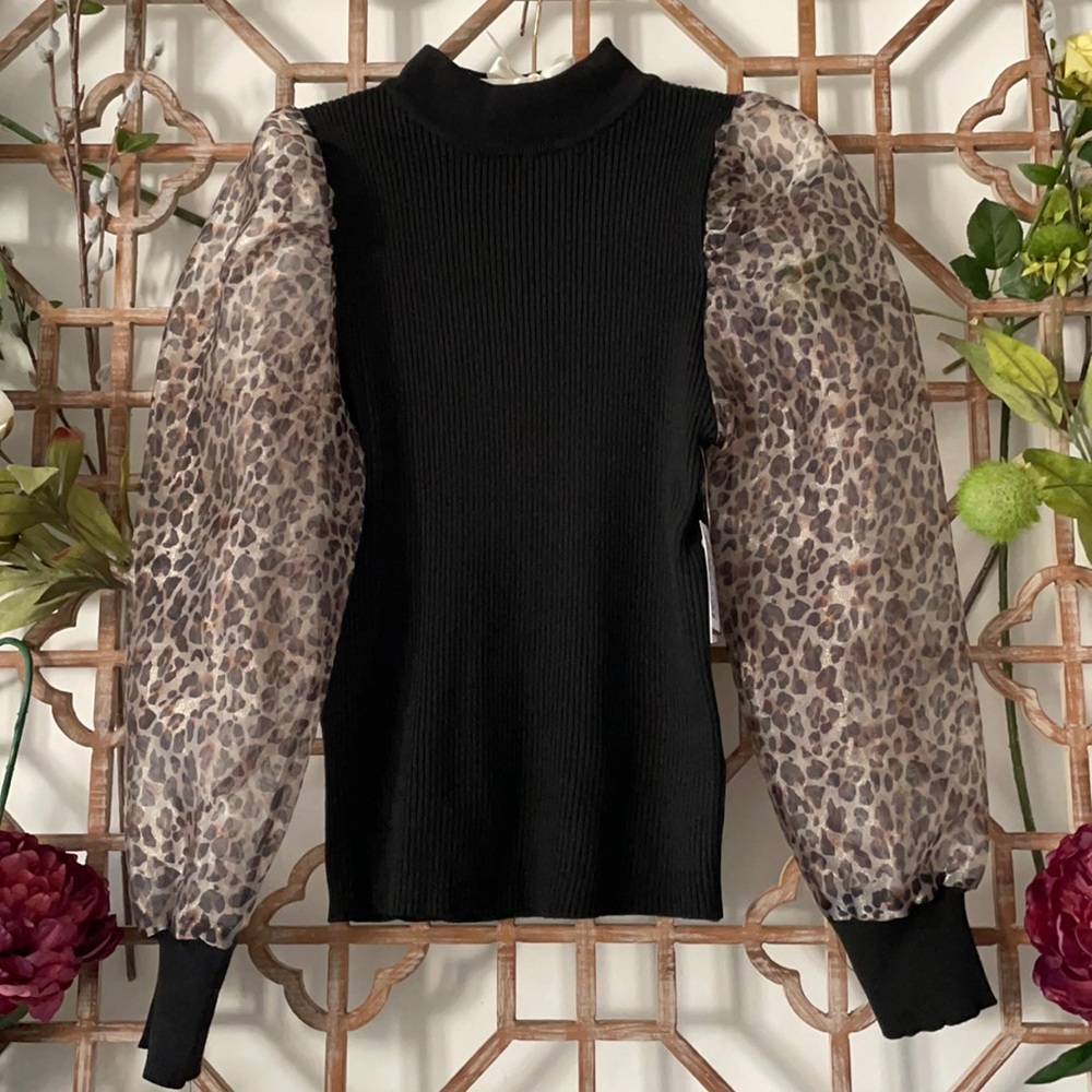 NWT black & leopard print top with sheer sleeves